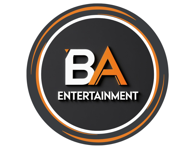 Logo von BA Entertainment in orange und weiß auf schwarzem Hintergrund.